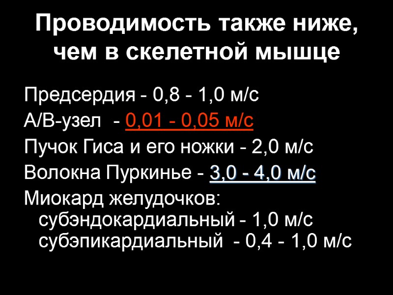 Проводимость также ниже, чем в скелетной мышце Предсердия - 0,8 - 1,0 м/с А/В-узел